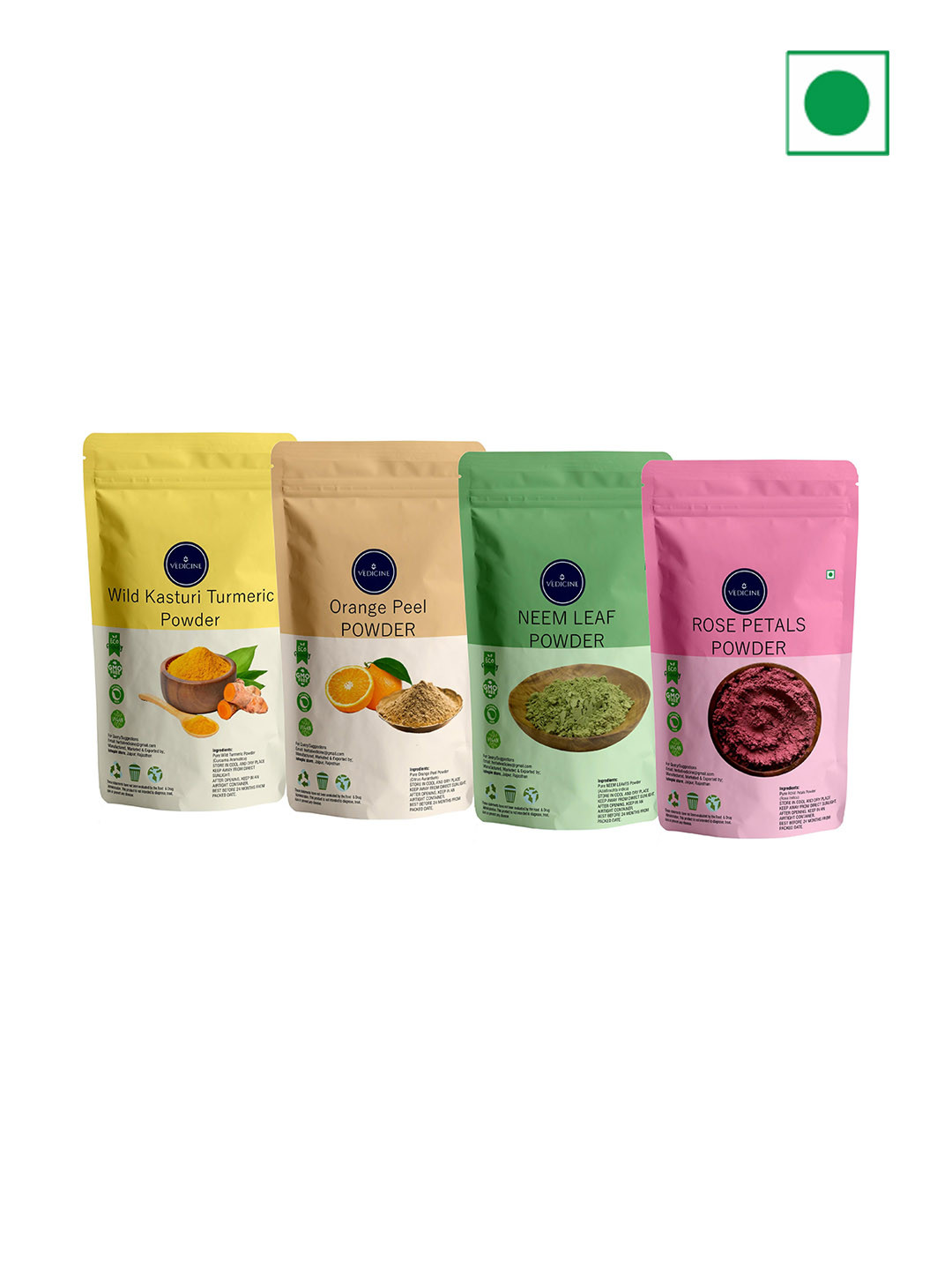 

VEDICINE Set Of 4 Wild Turmeric Orange Neem Leaf Rose Petal Powder Face Mask- 100g Each