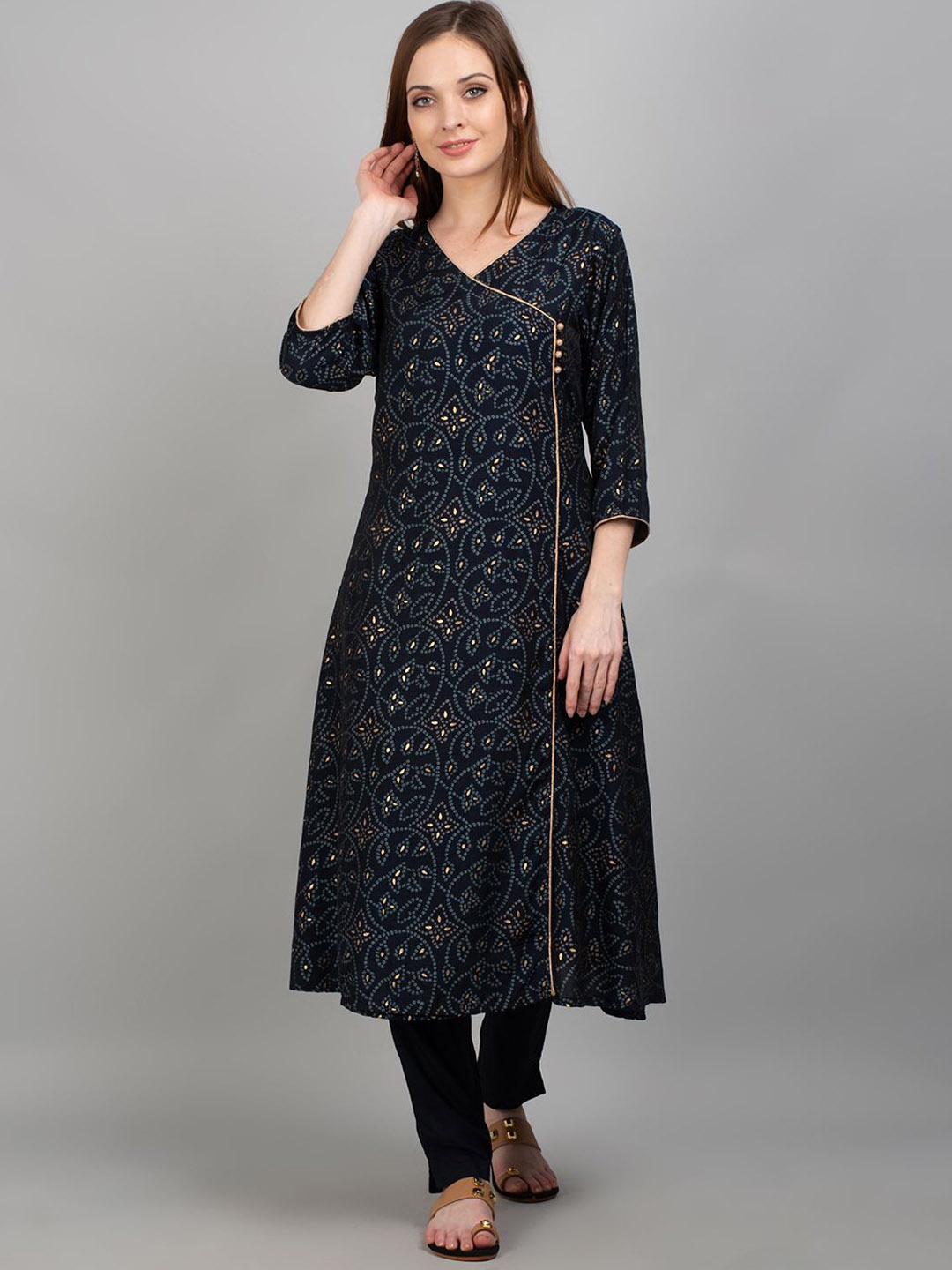 

Shree Bandhani Printed Angrakha Styled V-Neck Liva A-Line Kurta With Trousers, Navy blue