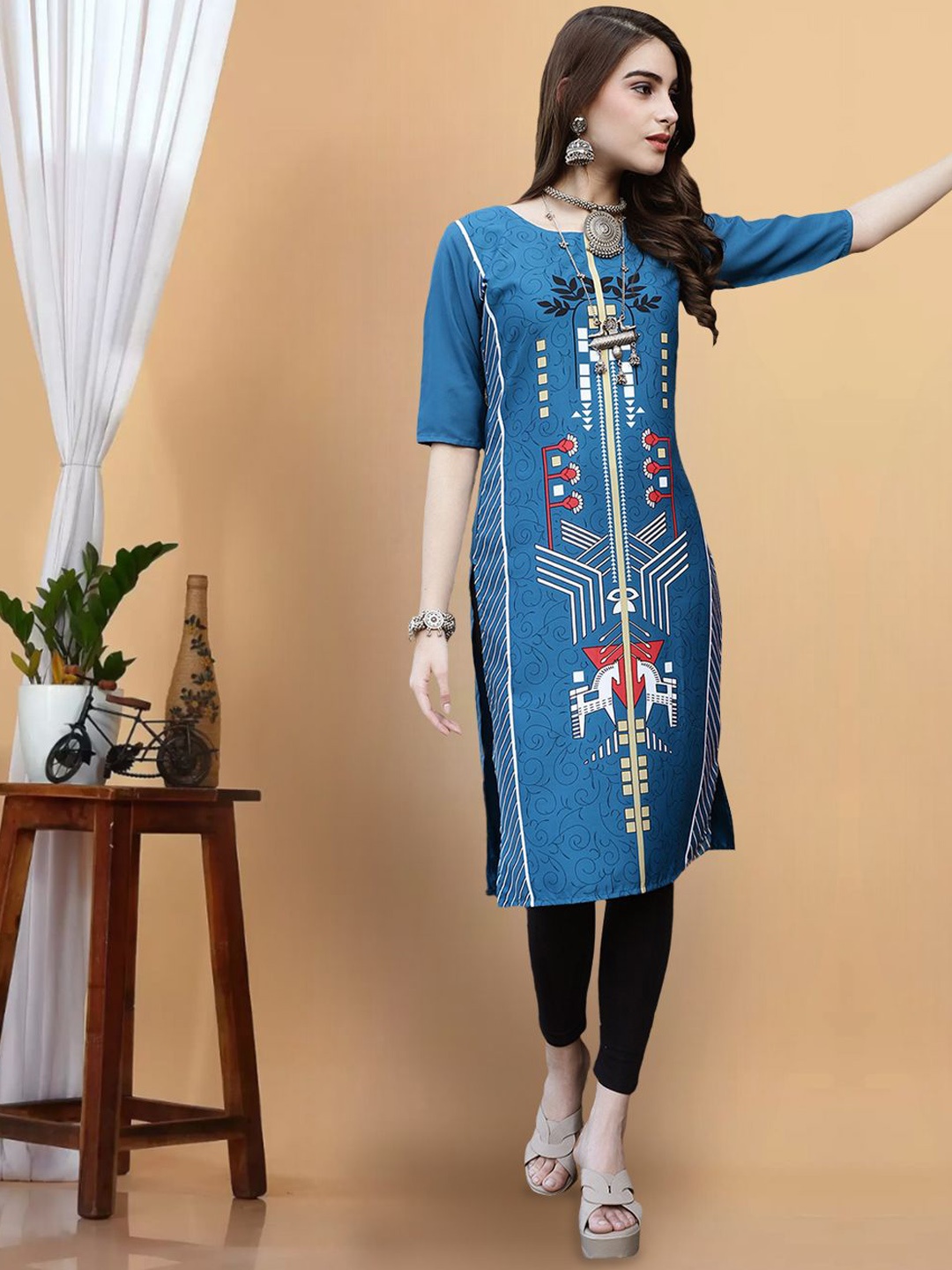 

7Threads Geometric Printed Round Neck Crepe Straight Kurta, Blue