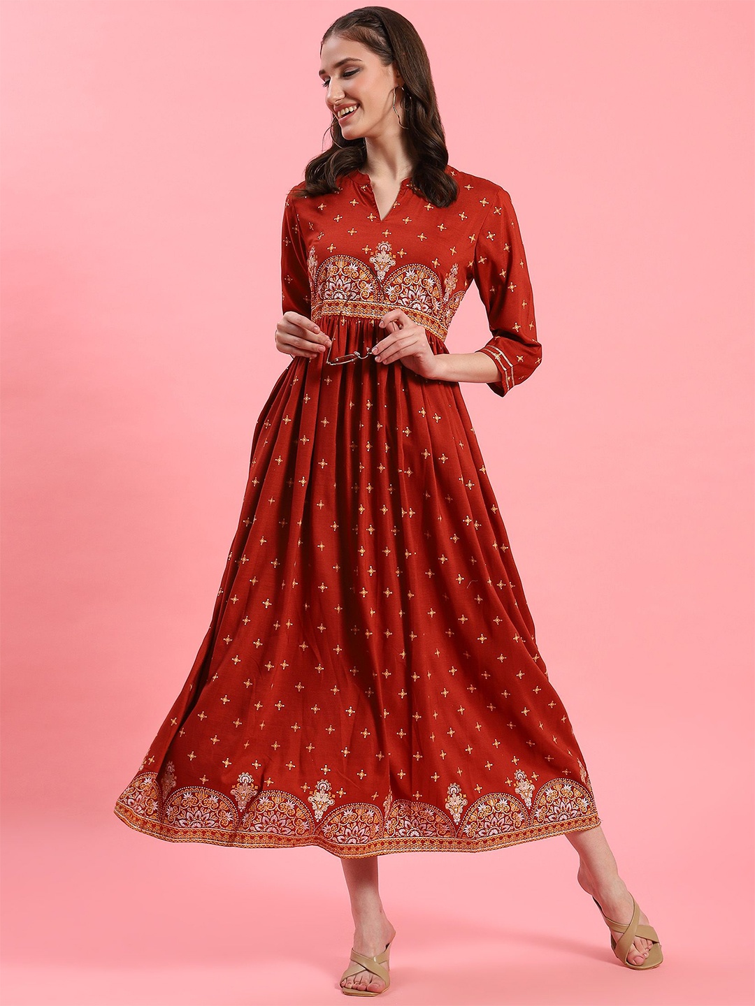 

Shree Ethnic Motif Print Liva Fit & Flare Maxi Dress, Red