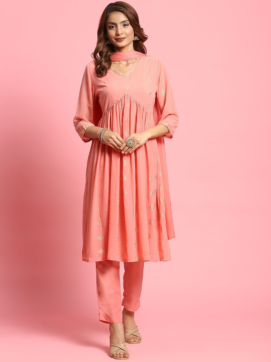 

Shree Floral Printed Gotta Patti Empire Georgette A-Line Kurta With Trousers & Dupatta, Peach