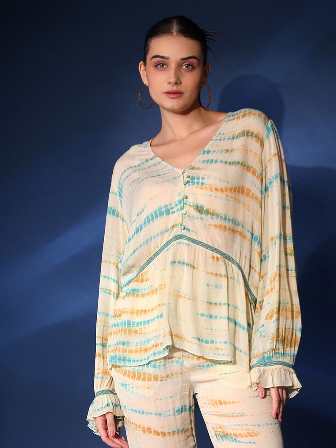 

Saint G Women Abstract Printed V-Neck Cotton Top, Beige