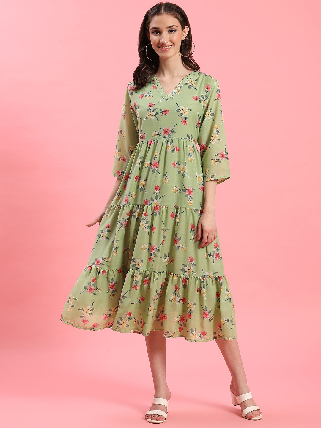 

Shree Women Floral Printed Fit and Flare Dress, Green
