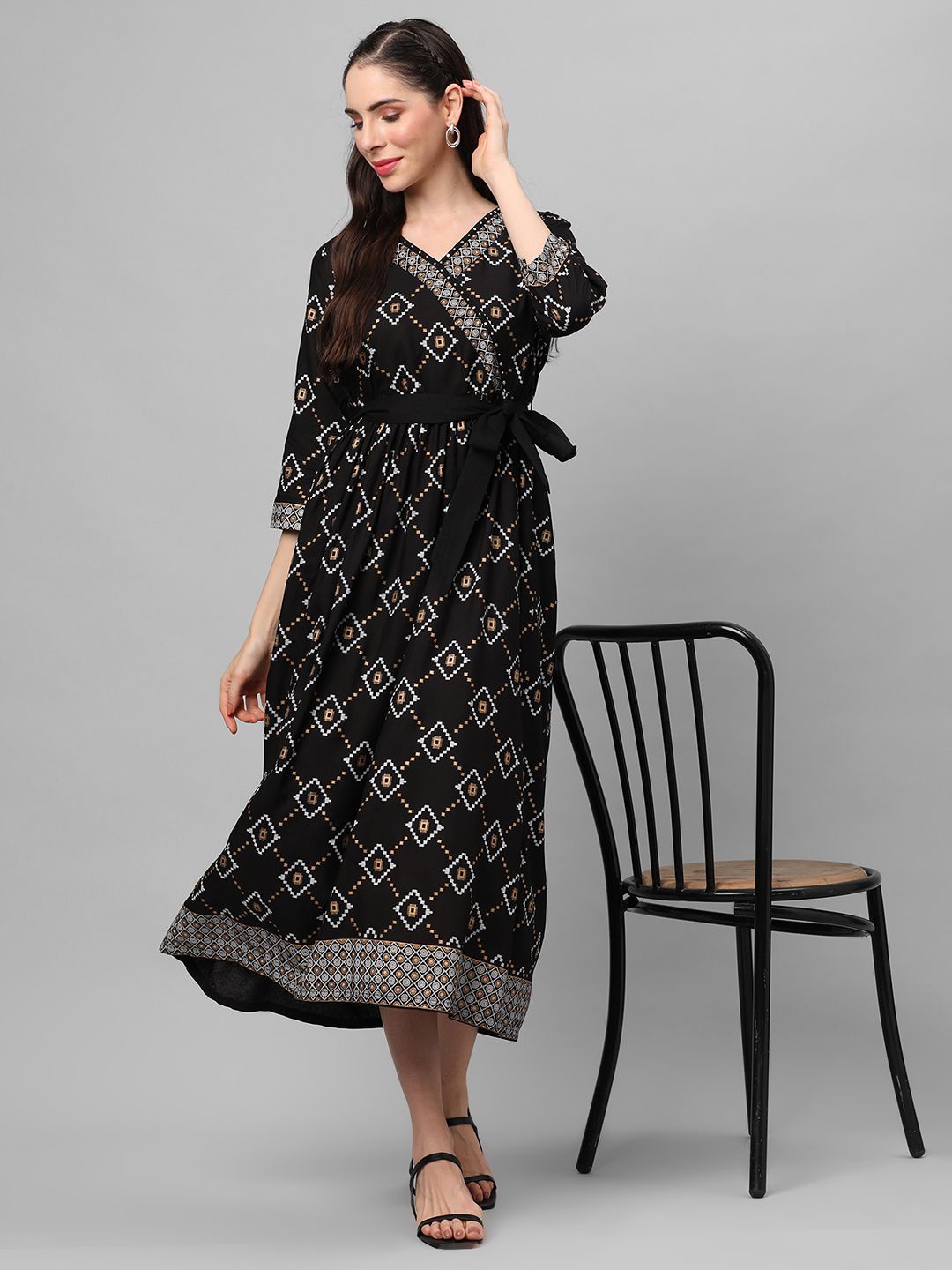 

Shree Women Geometric Printed Liva Fit & Flare Midi Dress, Black