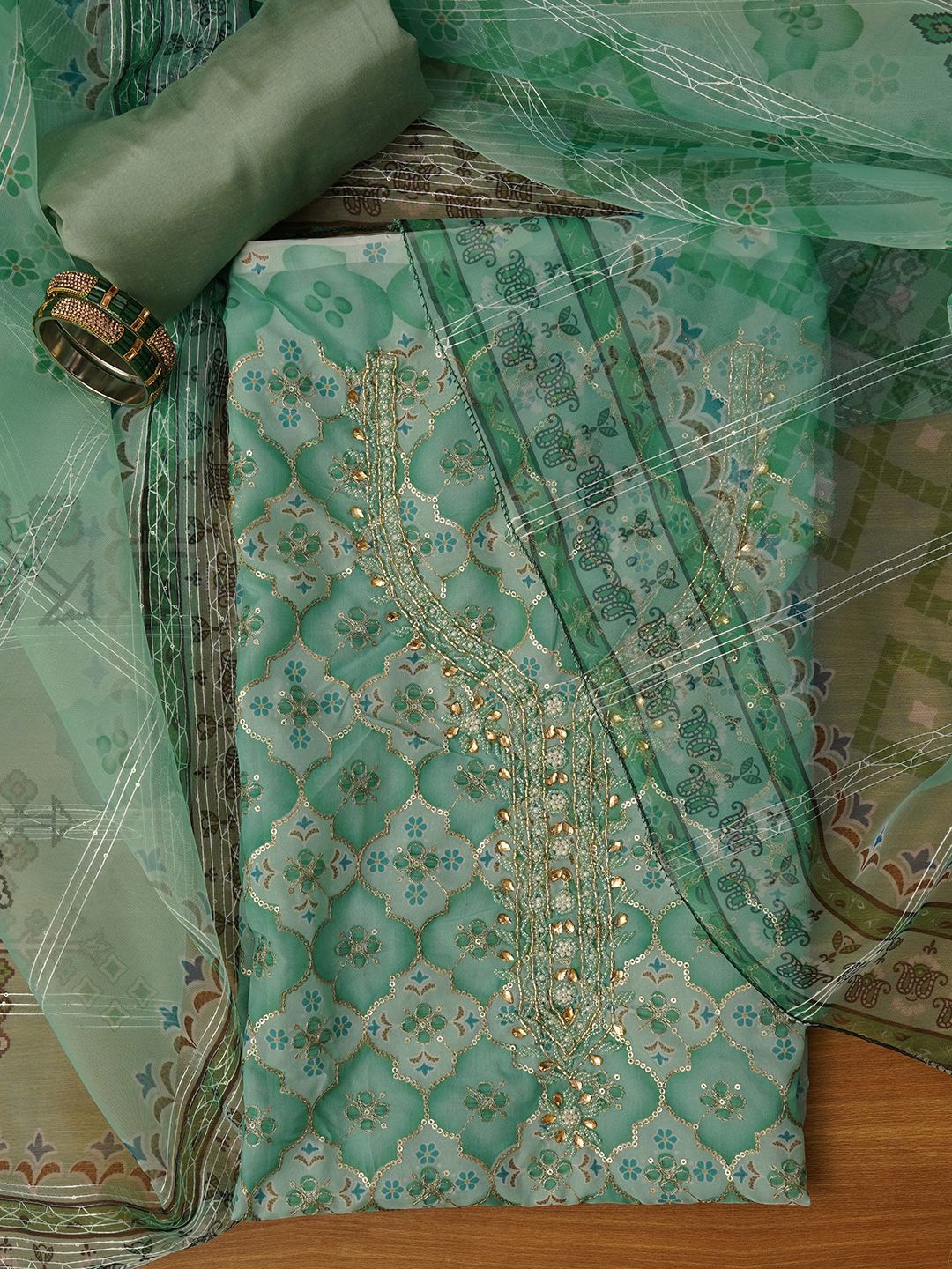 

Jaipur Kurti Unstitched Embroidered Organza Dress Material With Dupatta, Green