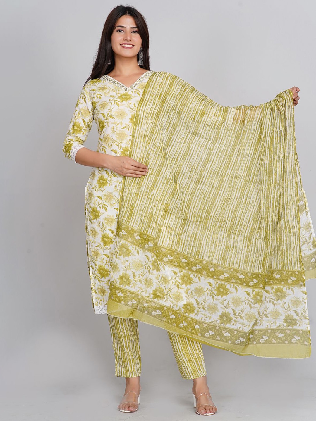 

KALINI Floral Printed Kurta with Trousers & Dupatta, White