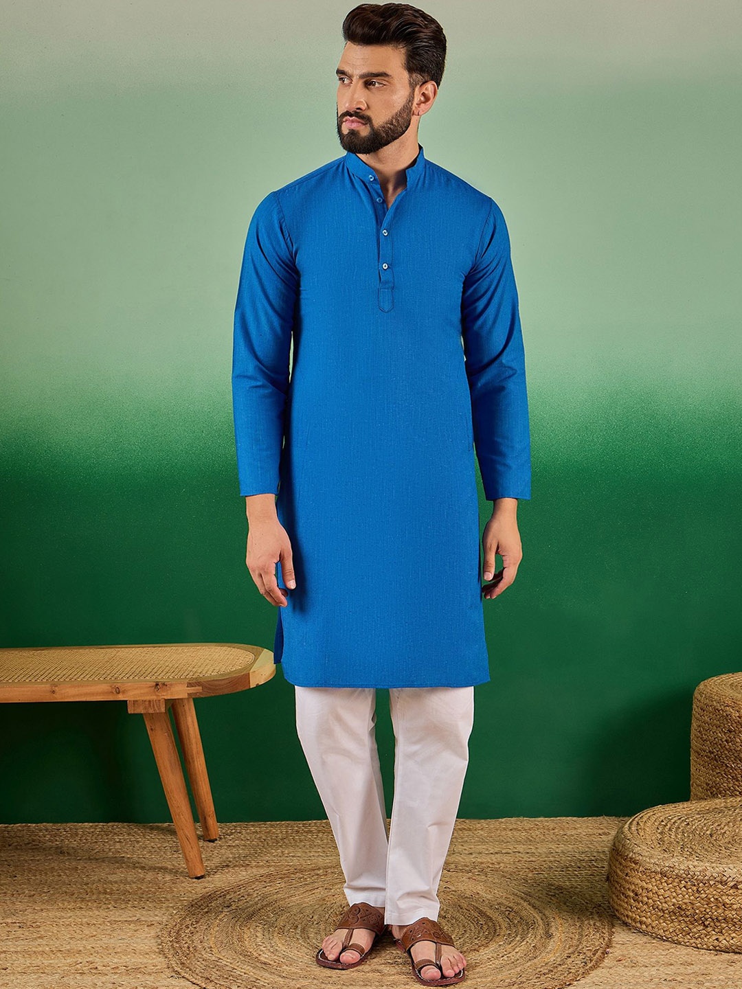 

Sangria Blue Mandarin Collar Long Sleeves Cotton Straight Kurta