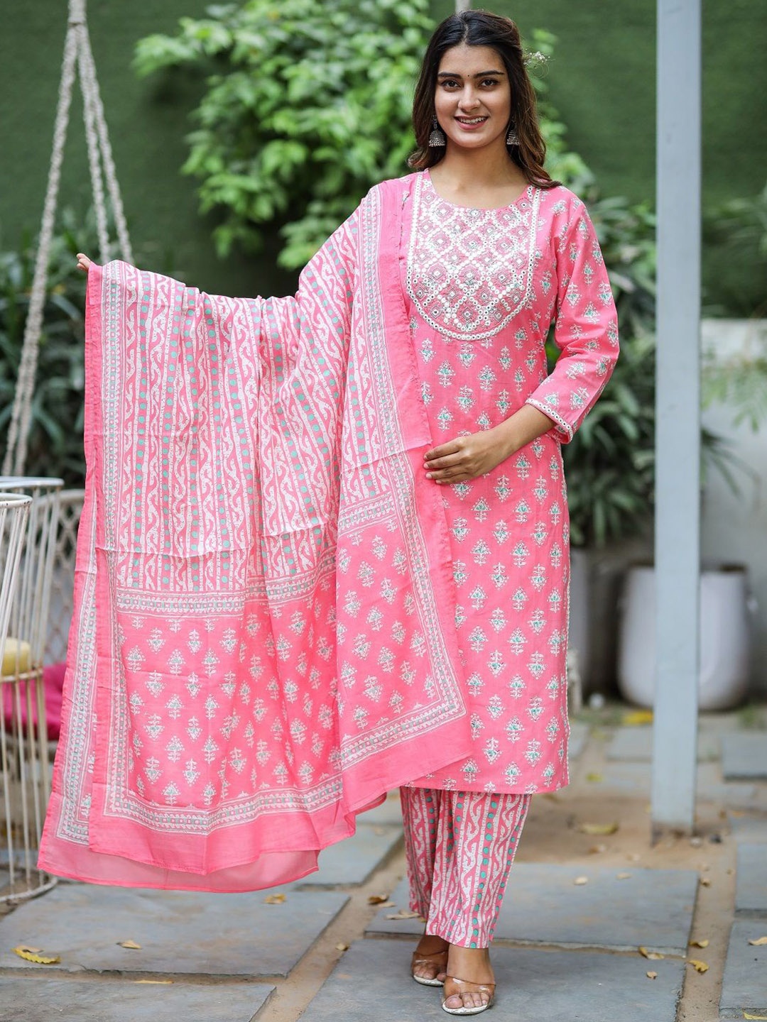 

Benaaz Ethnic Motifs Printed Mirror Work Pure Cotton Kurta with Trousers & Dupatta, Peach
