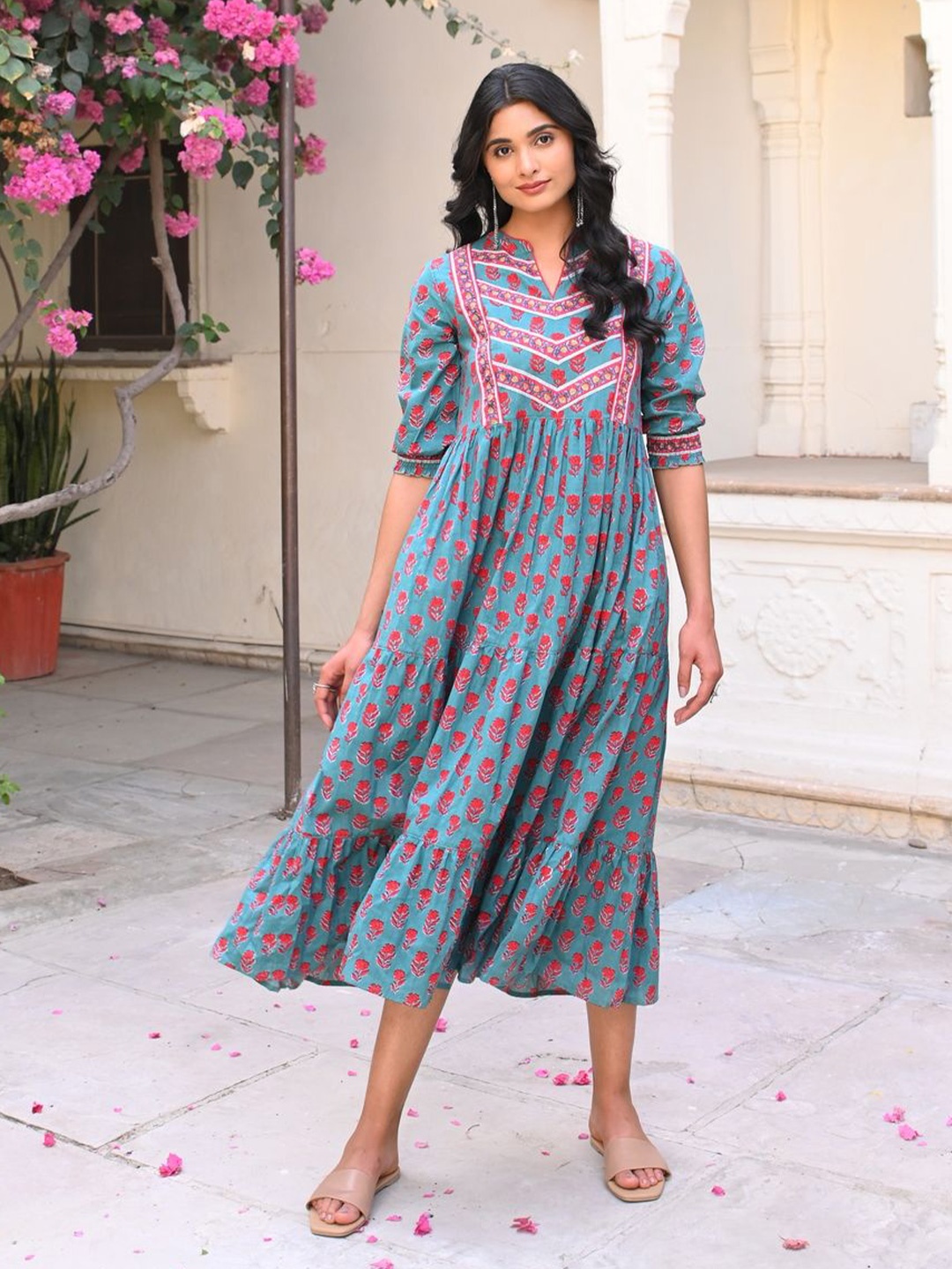 

SAVI women Floral Print A-Line midi ethnic Dress, Teal