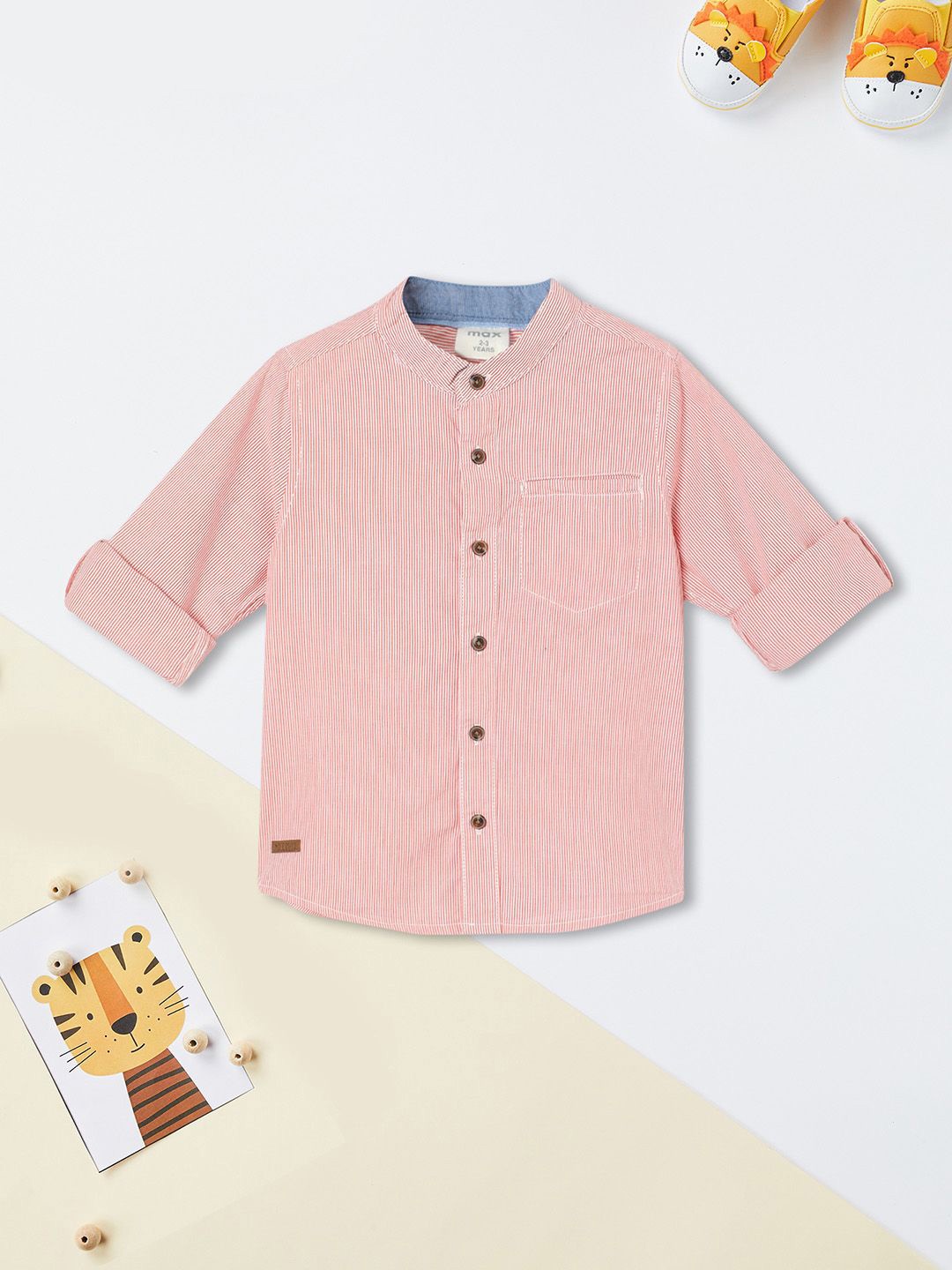 

max Boys Band Collar Striped Cotton Casual Shirt, Pink