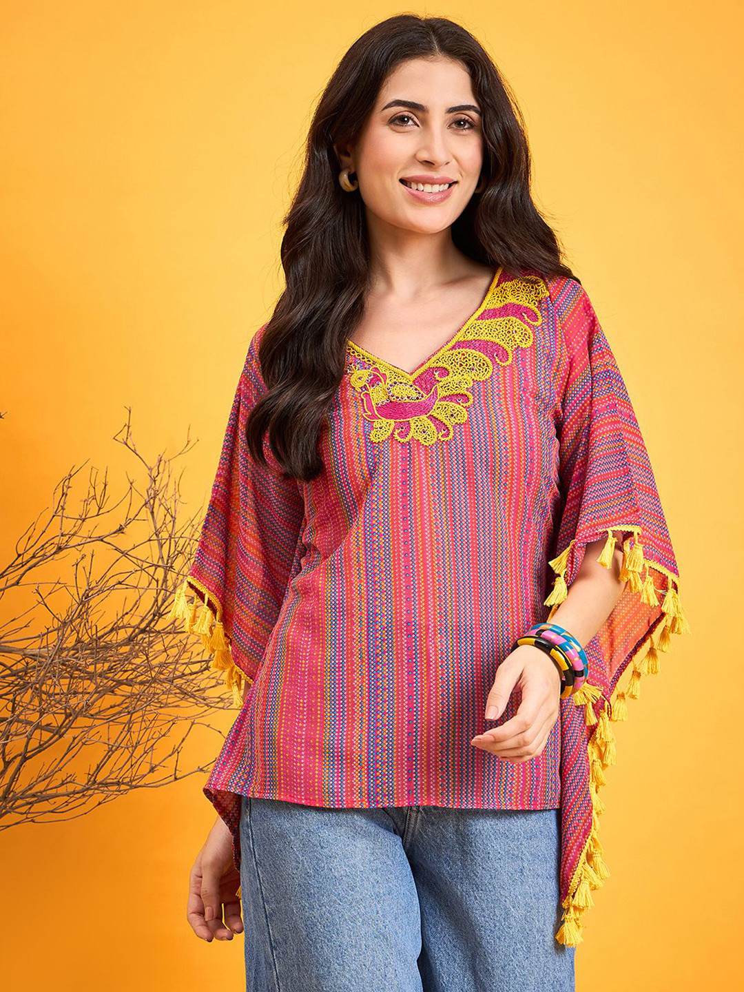 

The Kaftan Company Women Vertical Striped V-Neck Top, Red