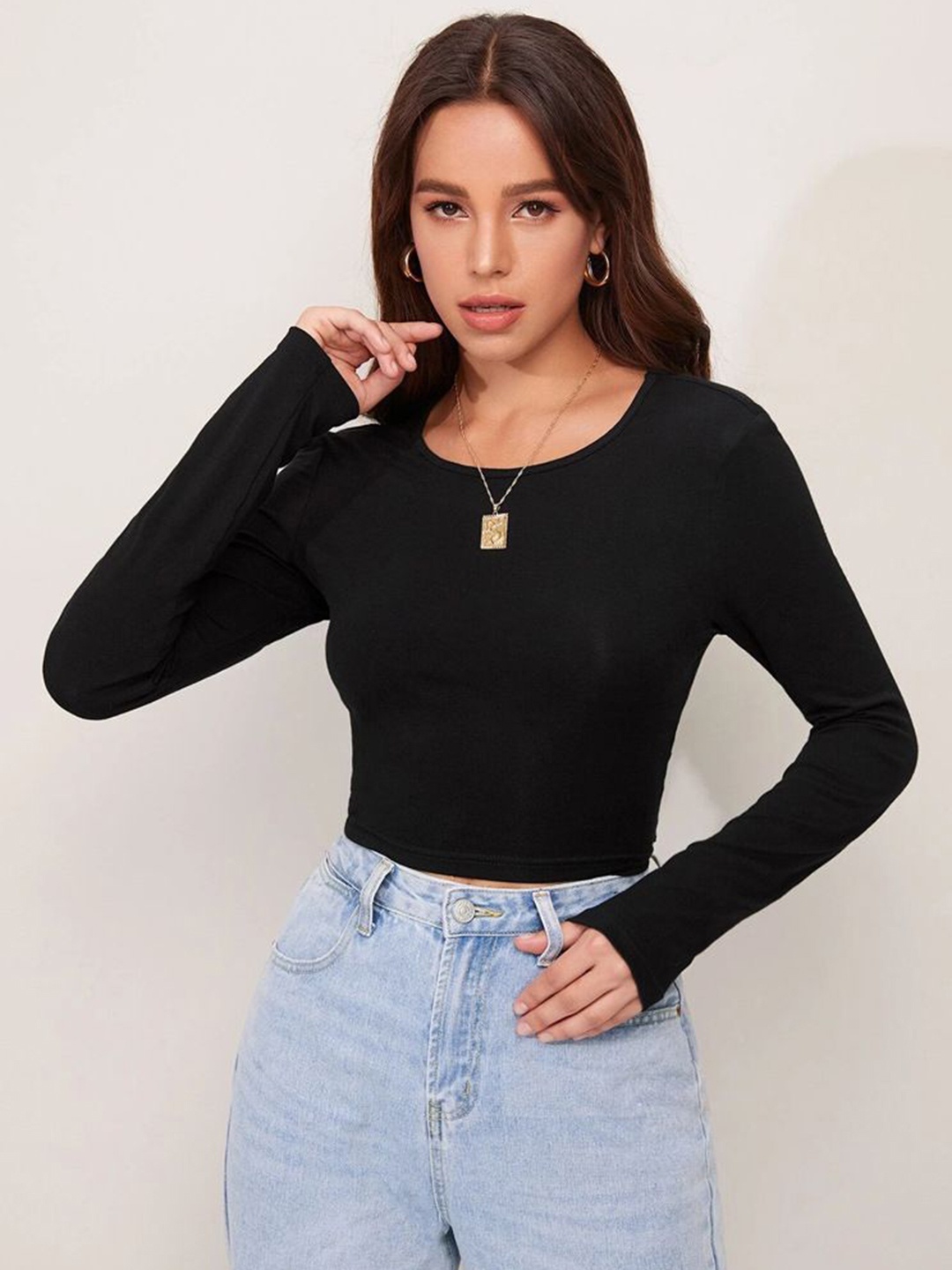 

StyleCast Women Solid Round Neck Top, Black