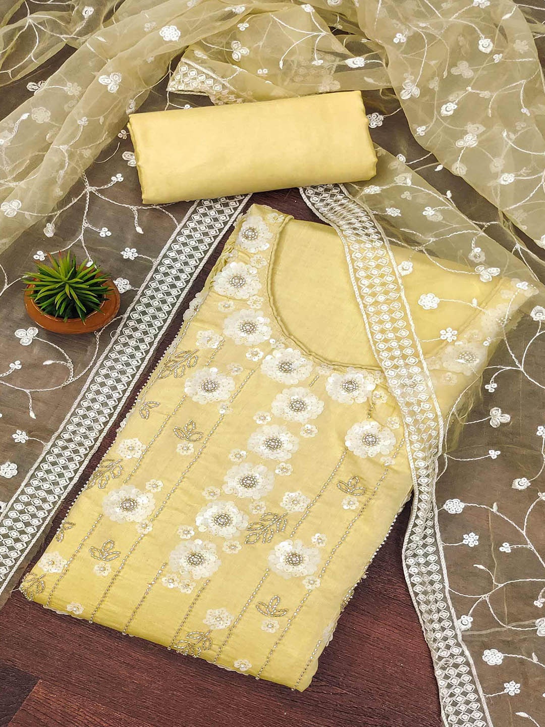 

Peachmode Embroidered Unstitched Dress Material, Yellow