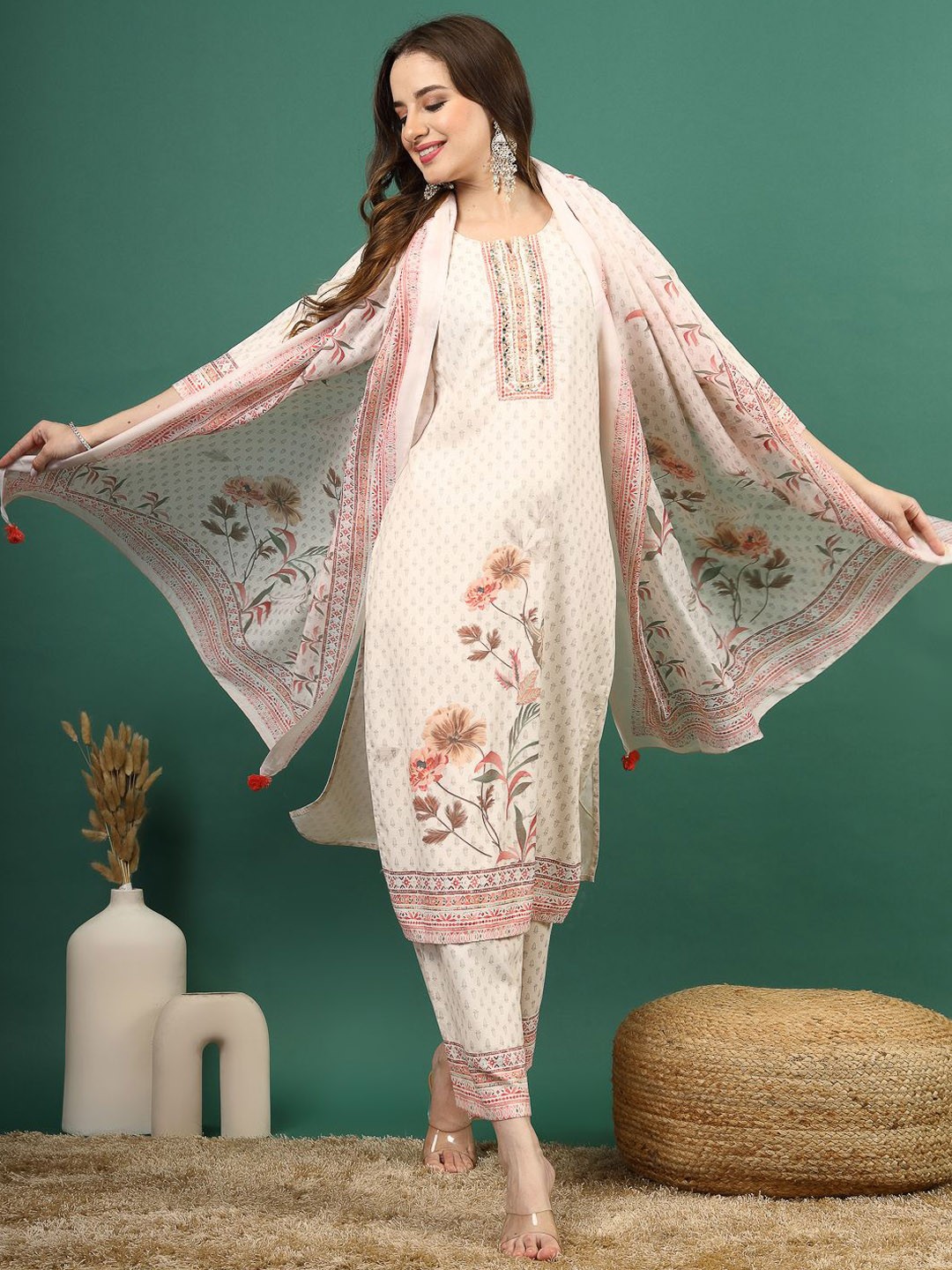 

Sangria Embroidered Straight Kurta With Trouser & Dupatta, Off white