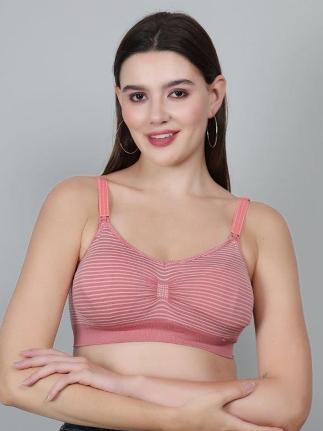 

Fabme Striped Full Coverage Heavily Padded Maternity Bra With All Day Comfort, Peach