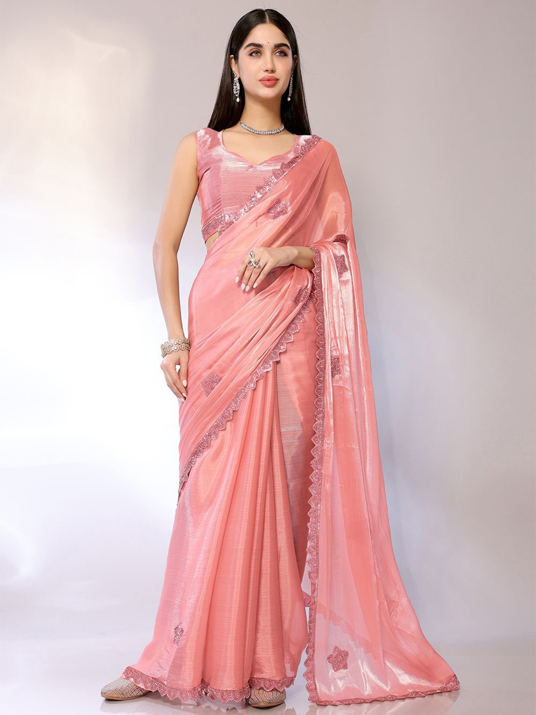 

FABMORA Embellished Beads and Stones saree, Peach