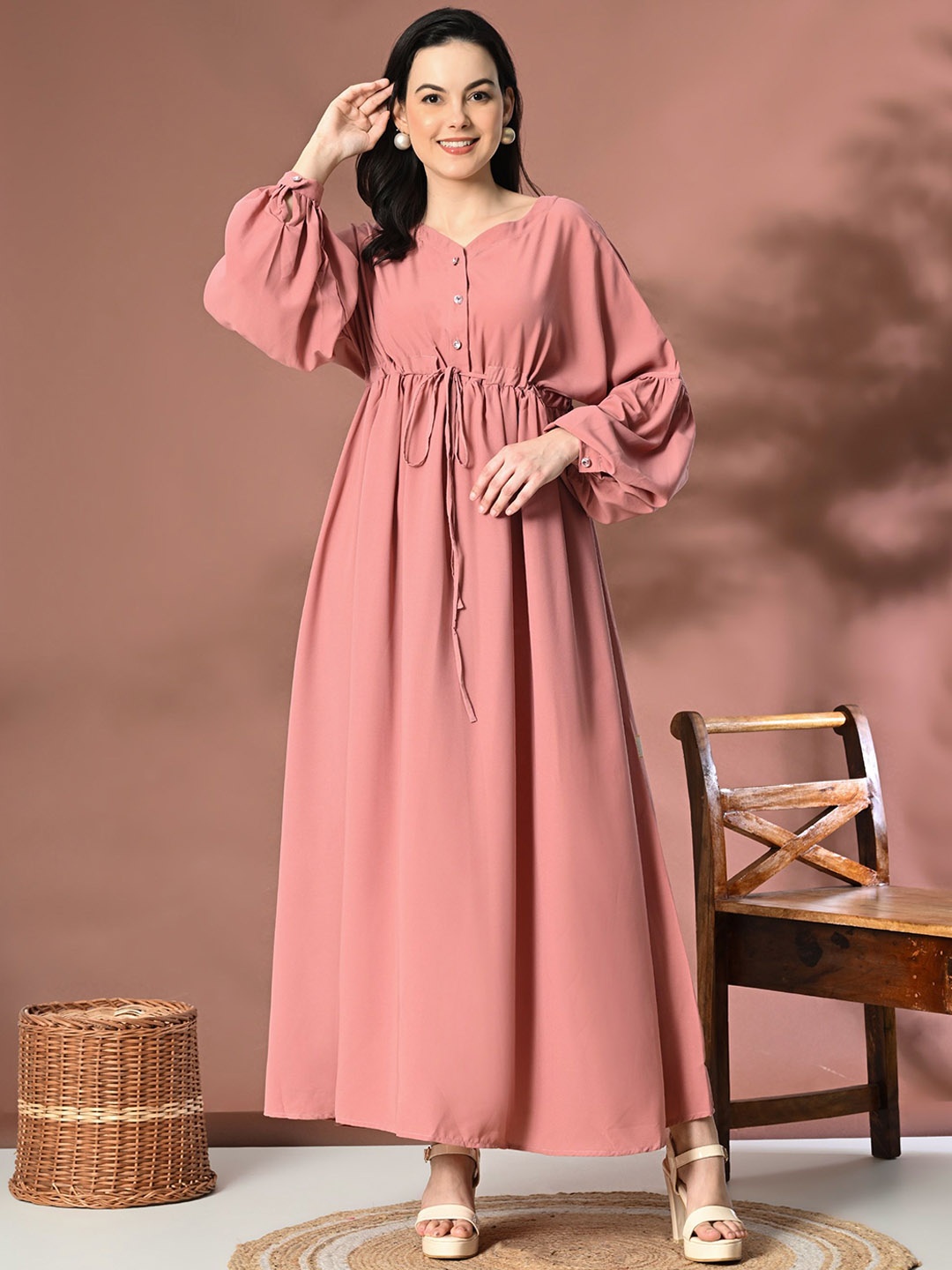 

Chandbaali Puff Sleeves Satin Maxi Dress, Peach