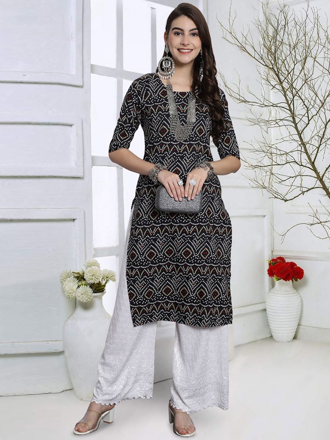 

7Threads Bandhani Printed Straight Kurta, Black
