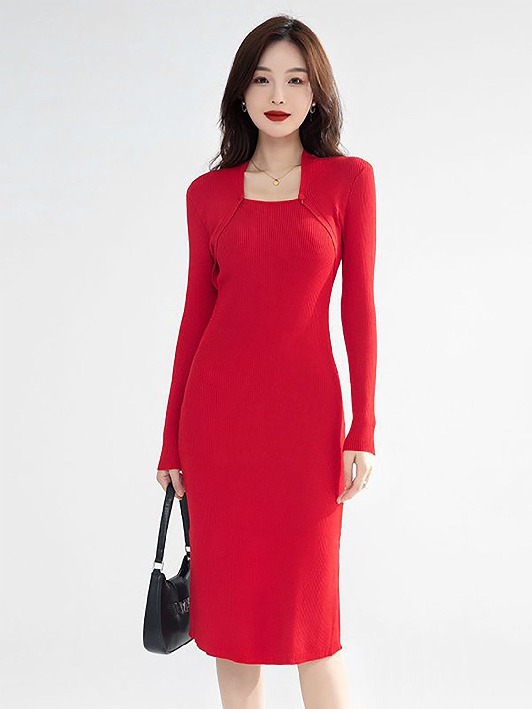 

StyleCast x Revolte Solid Choker Neck Bodycon Midi Dress, Red