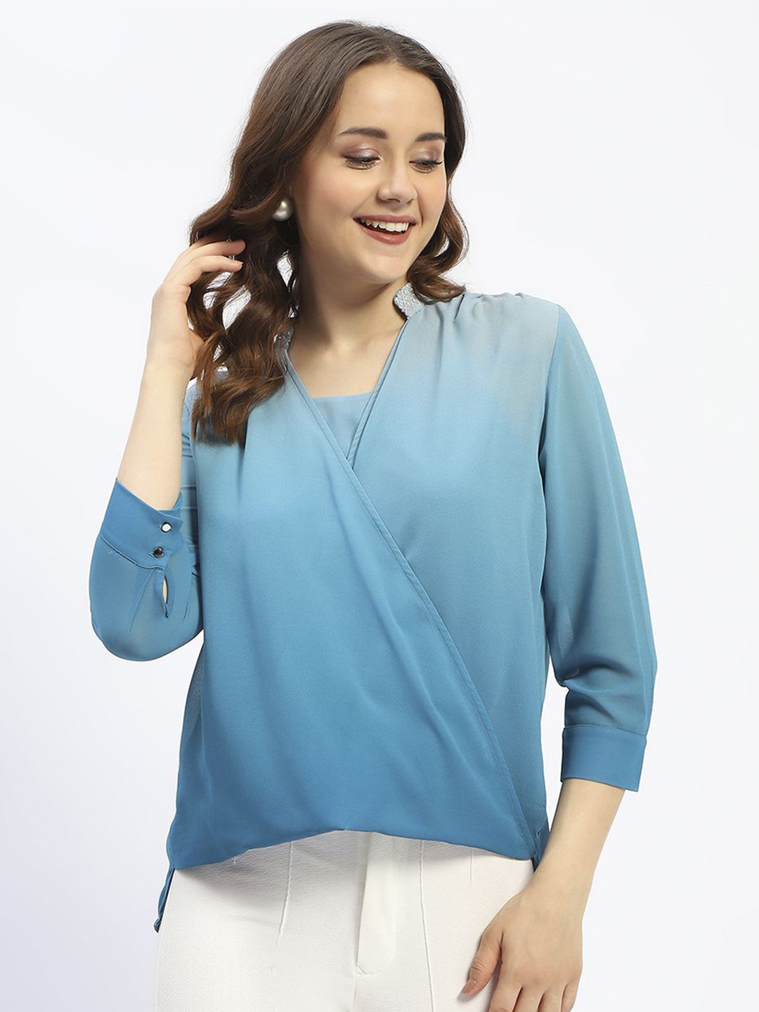 

Madame Women Solid V-Neck Top, Teal