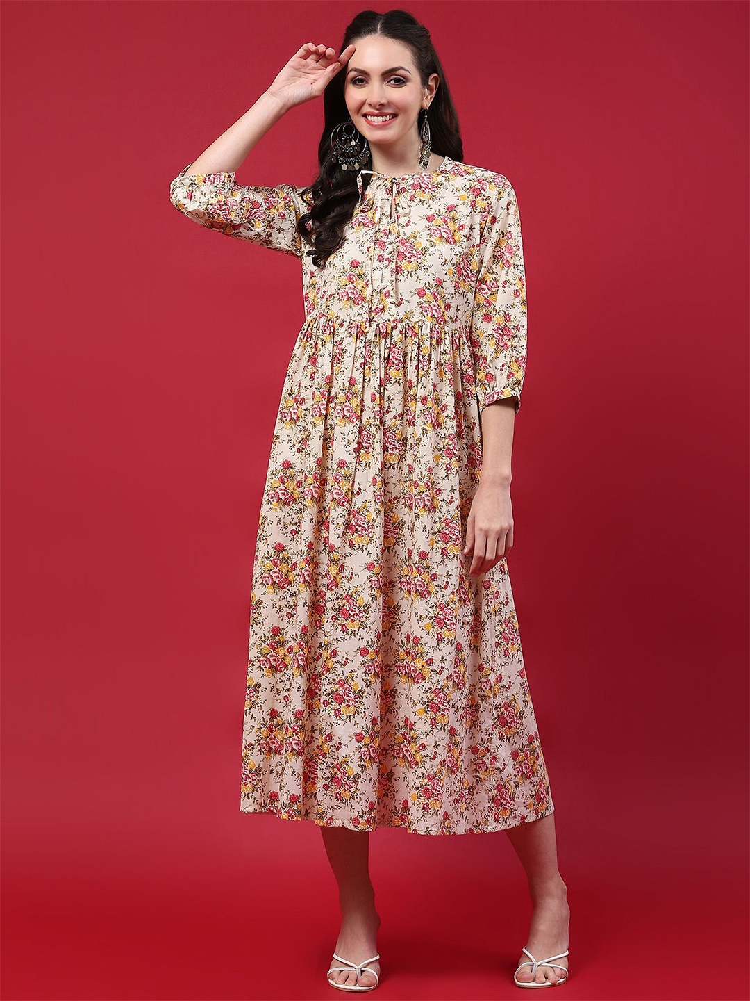 

Shree women Floral Print Bishop Sleeve Tie-Up Neck Fit & Flare Maxi Dress, Beige