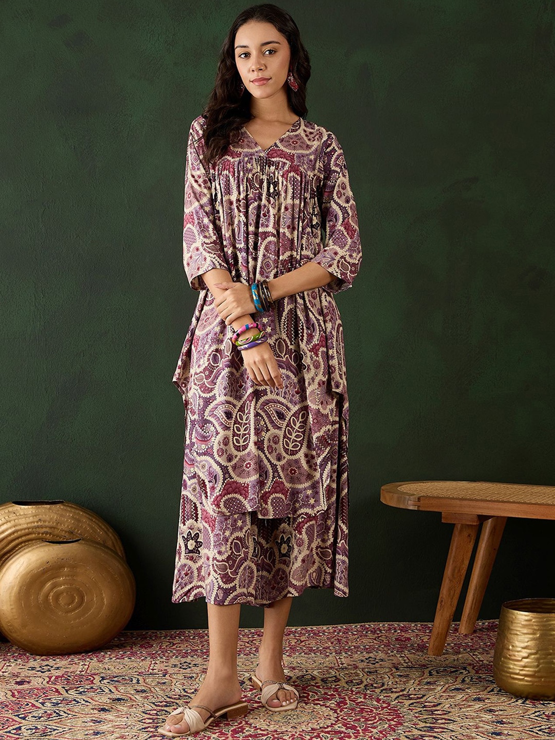 

Sangria Purple Floral Printed Round Neck Empire A-Line Kurta With Palazzos