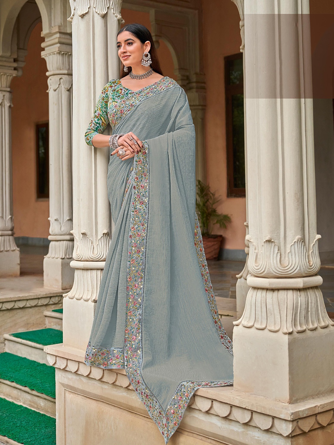 

Laxmipati Embroidered Poly Chiffon Saree, Grey