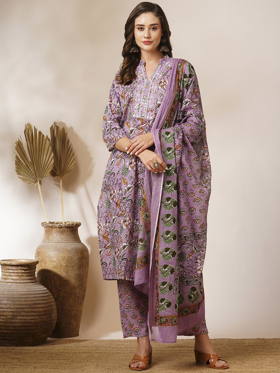 

FASHOR Floral Printed Mirror Work Pure Cotton Kurta with Trousers & Dupatta, Lavender