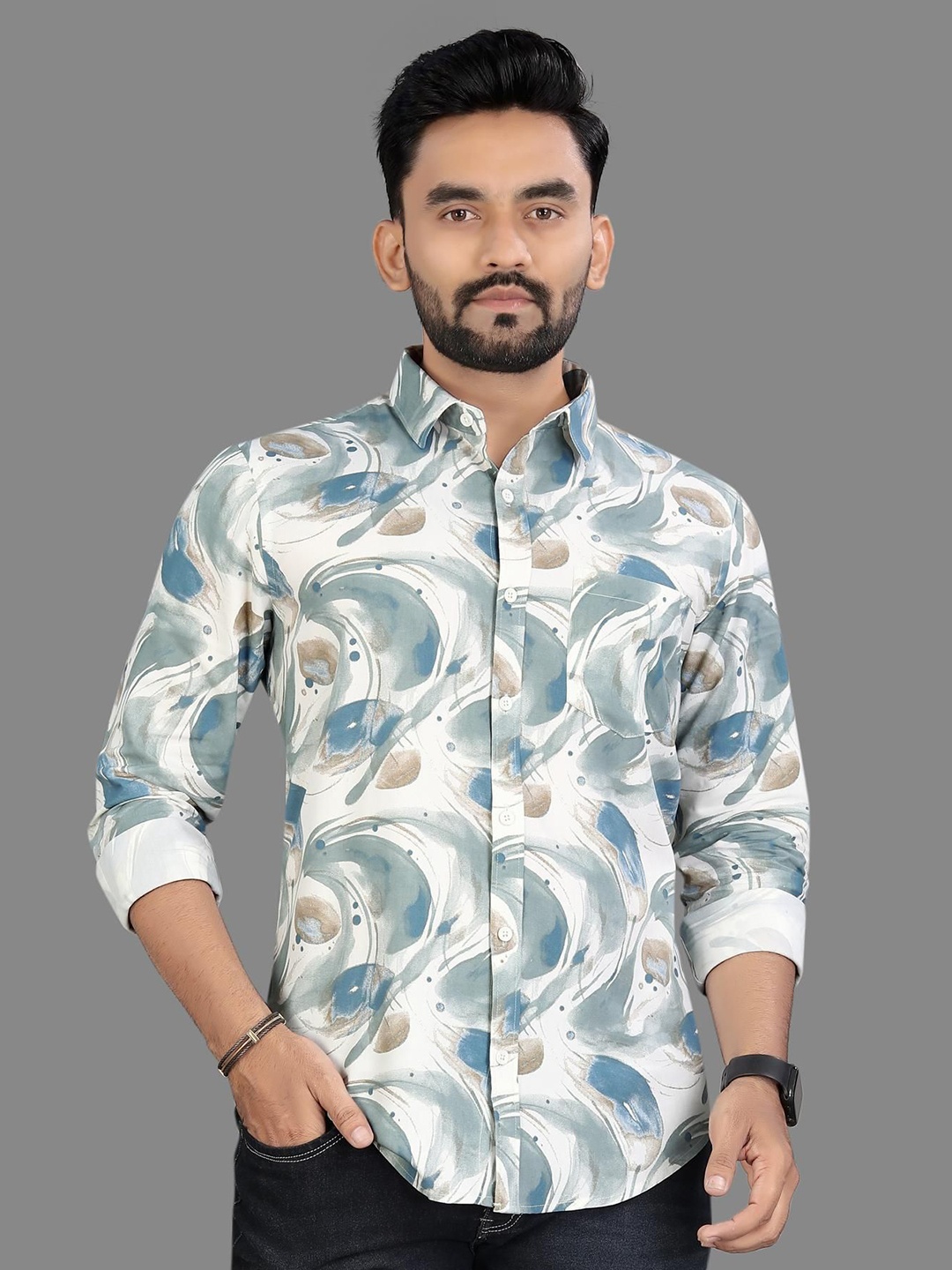 

ADWYN PETER Men Classic Spread Collar Abstract Printed Cotton Casual Shirt, White