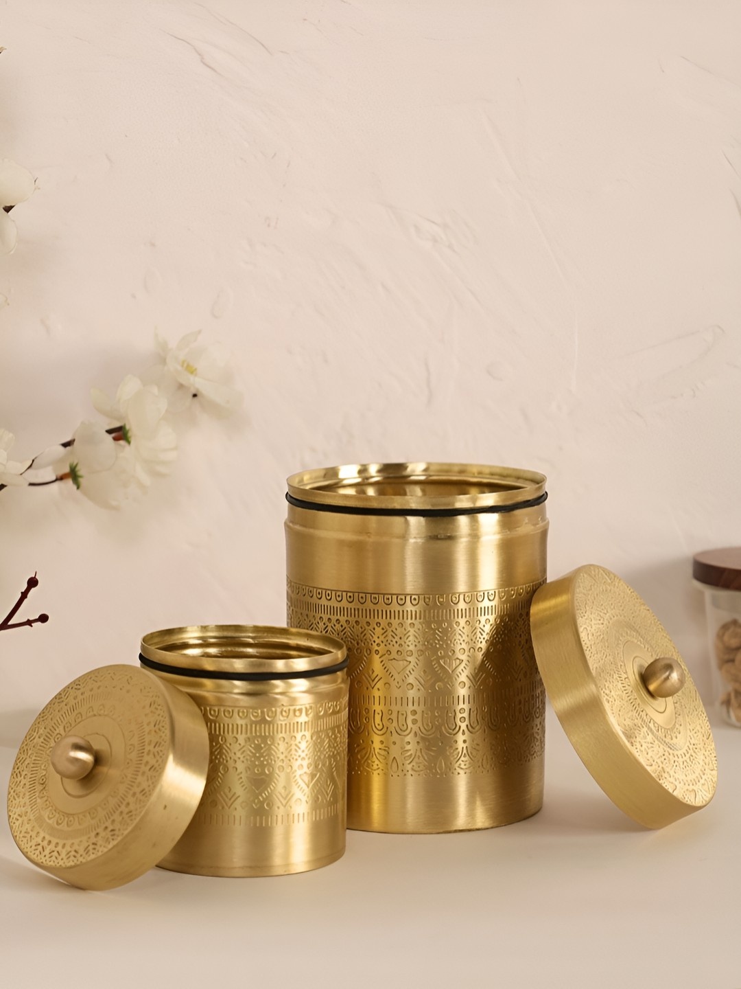 

Peepul Tree 2 Pieces Brass Storage Jars With Lids, Gold
