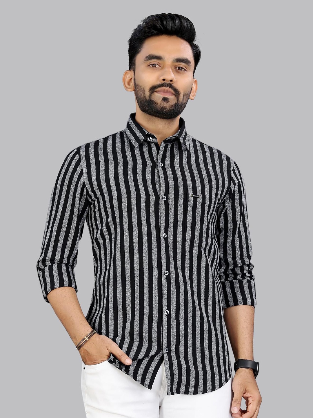 

ADWYN PETER Men Classic Spread Collar Striped Cotton Casual Shirt, Black