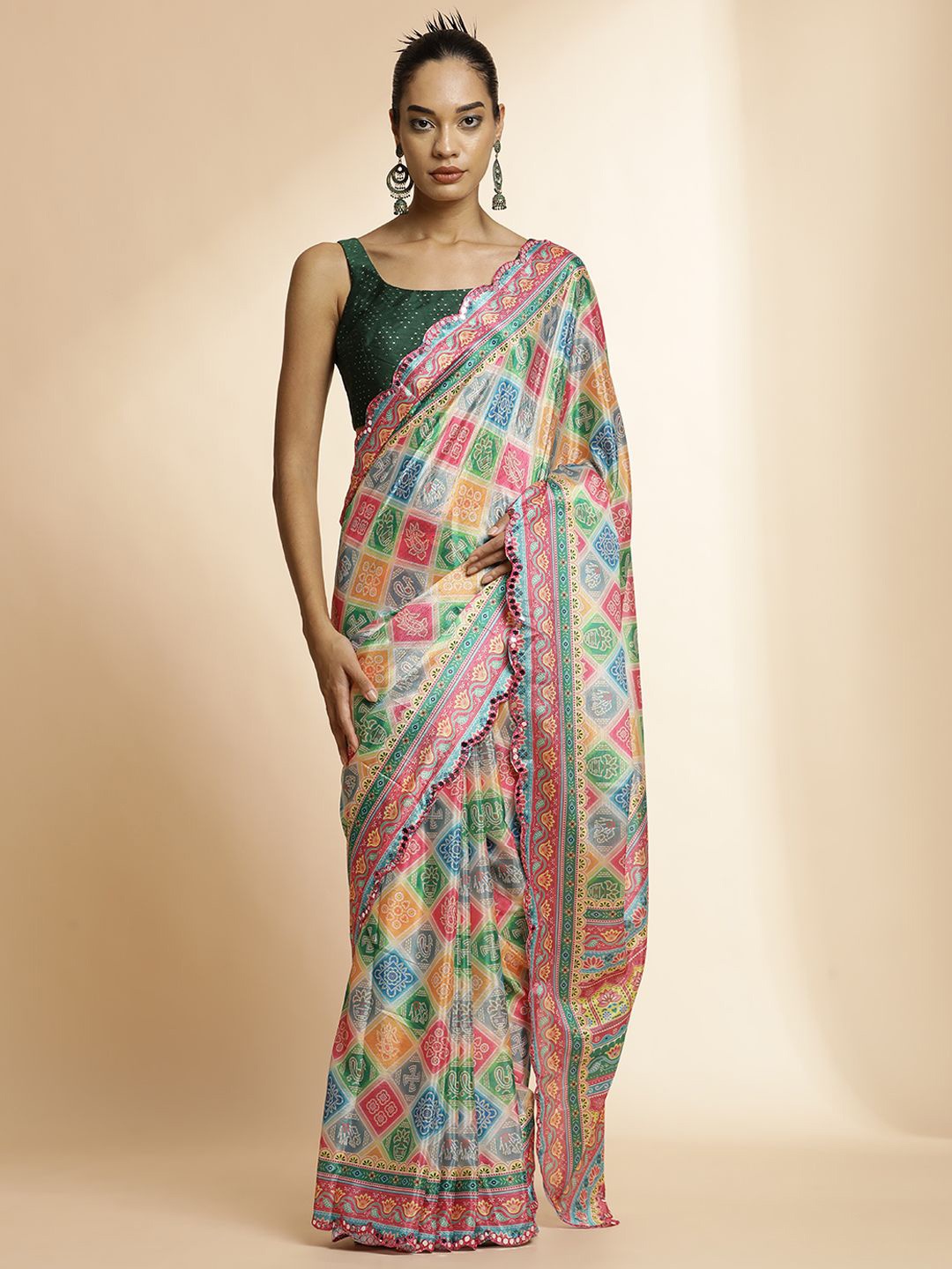 

Jaipur Kurti Ethnic Motifs Mirror Work Satin Saree, Pink
