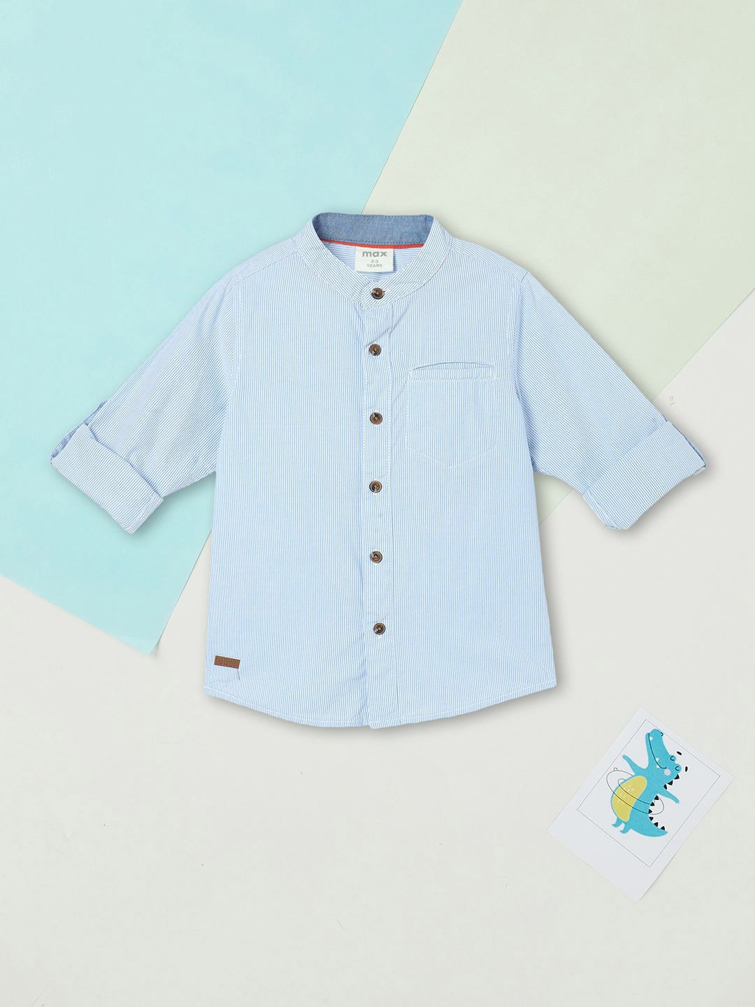 

max Boys Band Collar Vertical Striped Cotton Casual Shirt, Blue