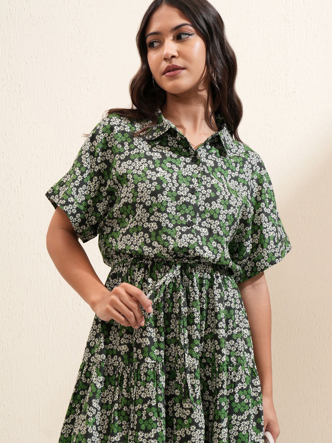 

Tokyo Talkies Floral Print Tie-Ups Shirt Mini Dress, Green