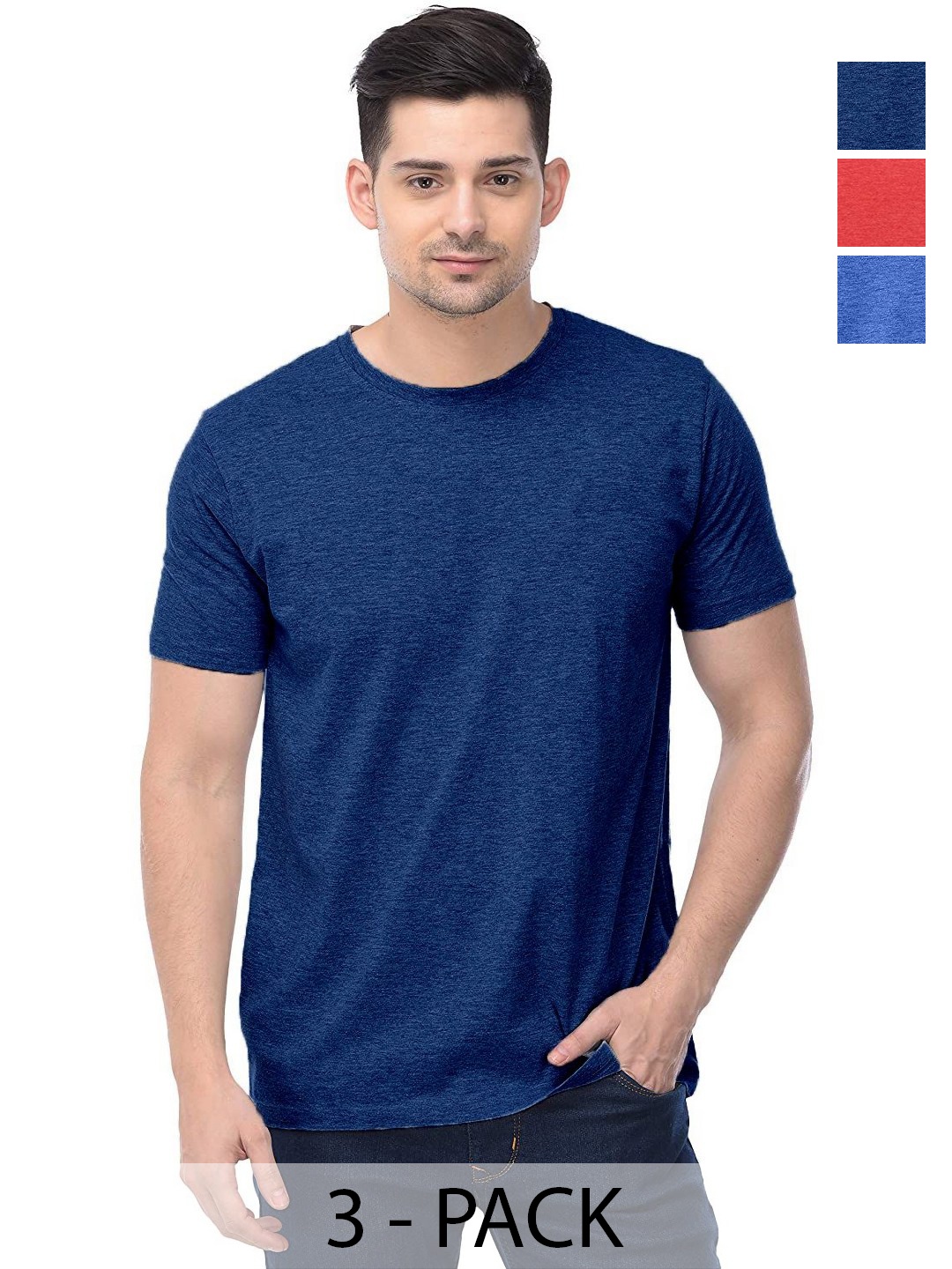 

COLOR CAPITAL Unisex Pack Of 3 Solid Round Neck Cotton T-Shirts, Navy blue