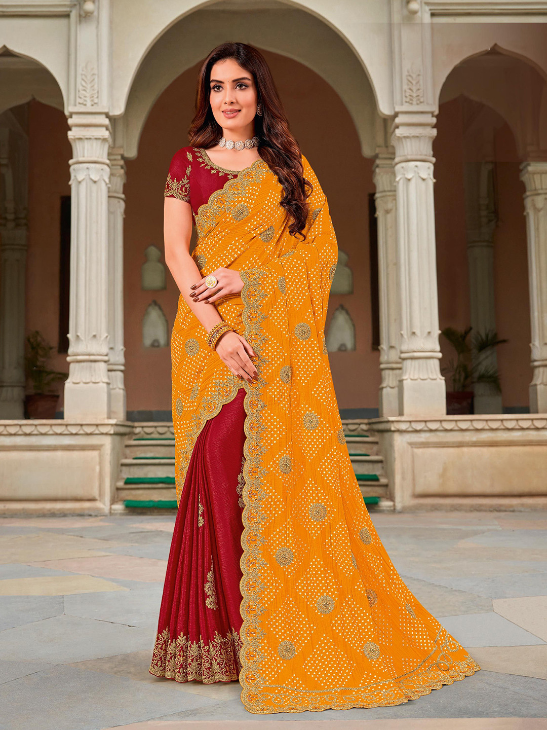 

Laxmipati Women's Bandhani Zari Embroidered Saree, Yellow