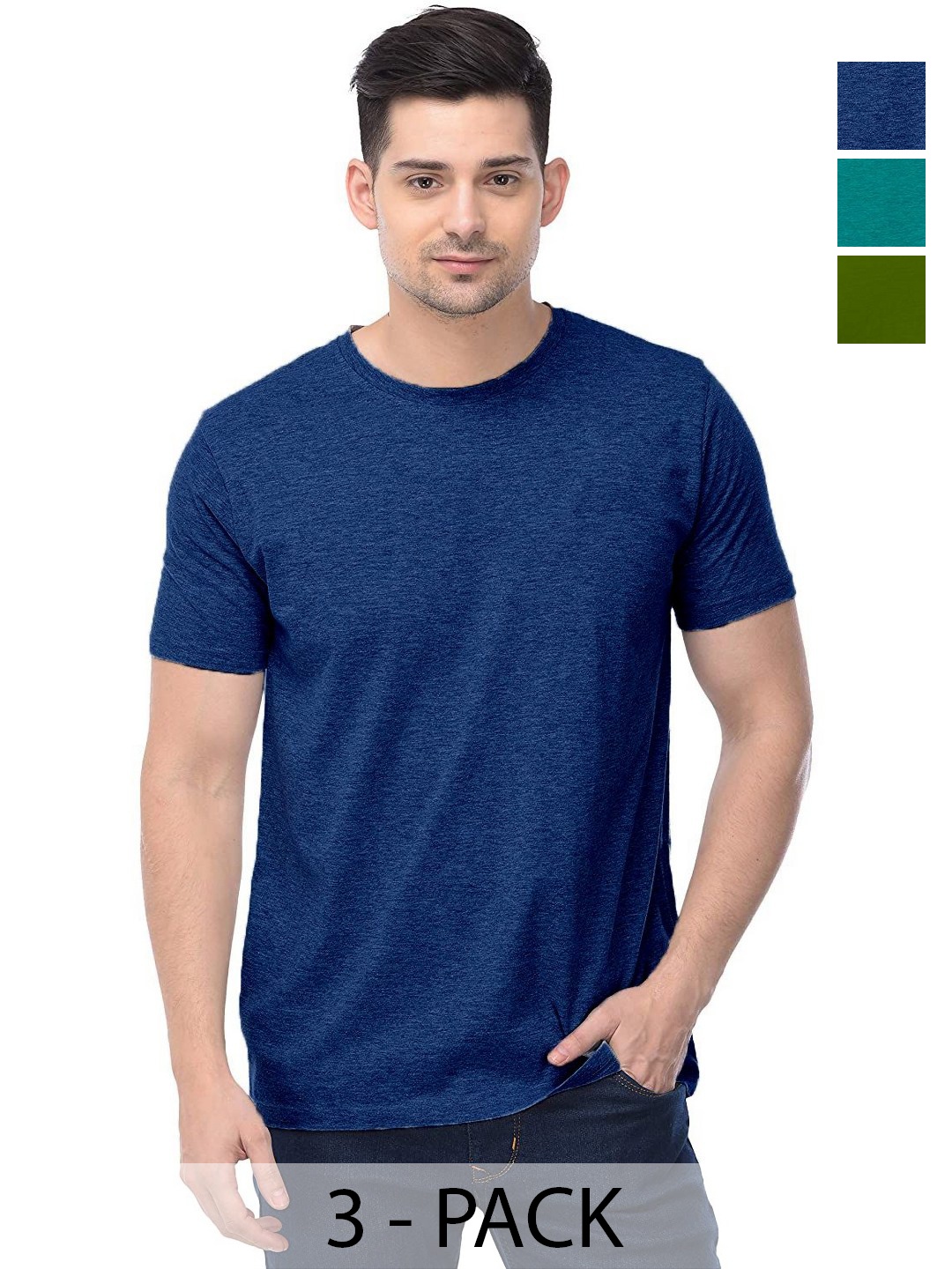 

COLOR CAPITAL Unisex Pack Of 3 Solid Round Neck Cotton T-Shirts, Blue