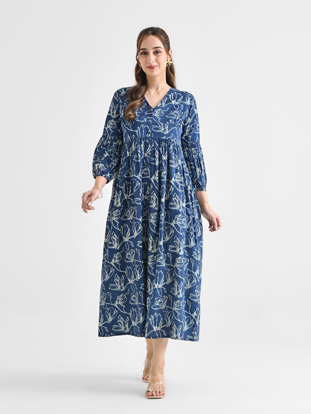 

Rustorange Floral Printed Puff Sleeve Pure Cotton Empire Midi Dress, Teal