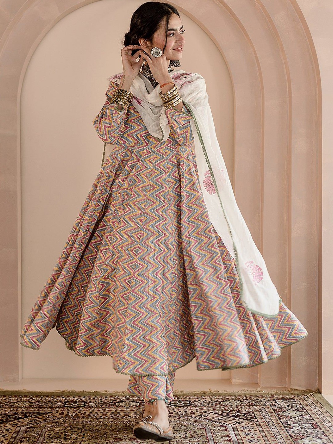 

GulaboJaipur Geometric Printed Angrakha Anarkali Pure Cotton Kurta with Trousers & Dupatta, White