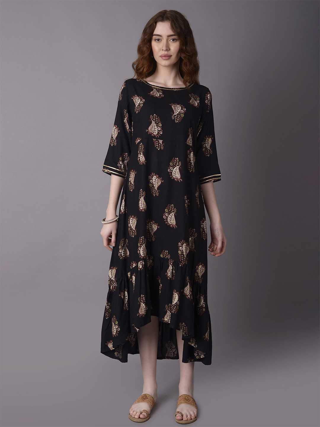 

Shree Ethnic Motifs Printed Liva A-Line Maxi Dress, Black