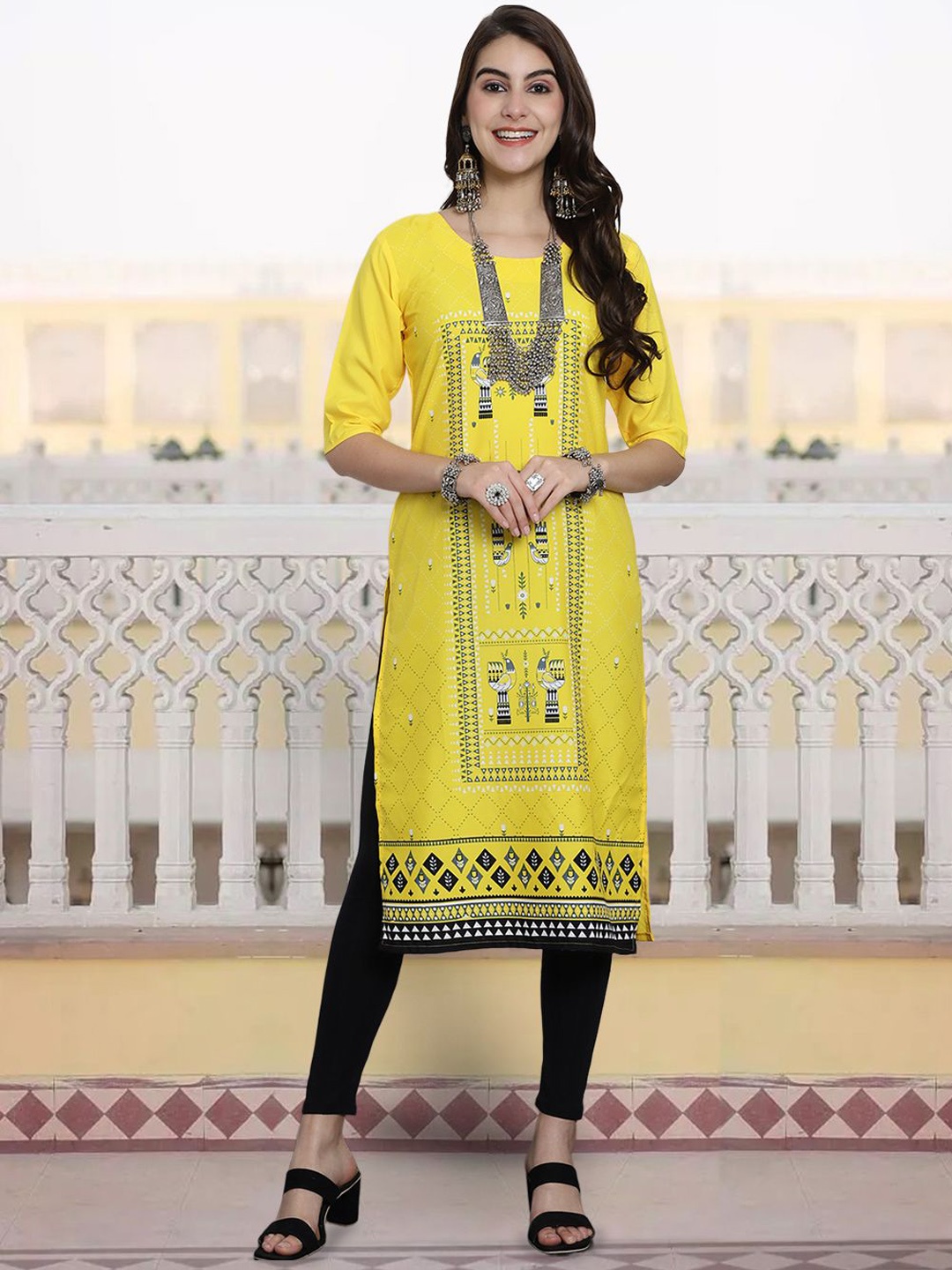 

7Threads Floral Printed Round Neck Straight Kurta, Yellow