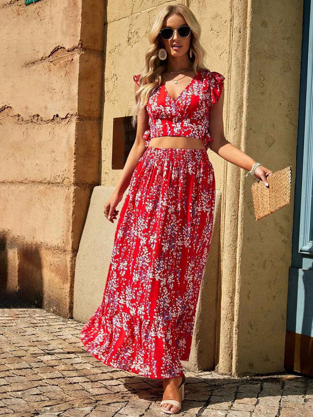 

ANGEL CROSHET Printed Top With Skirt, Red