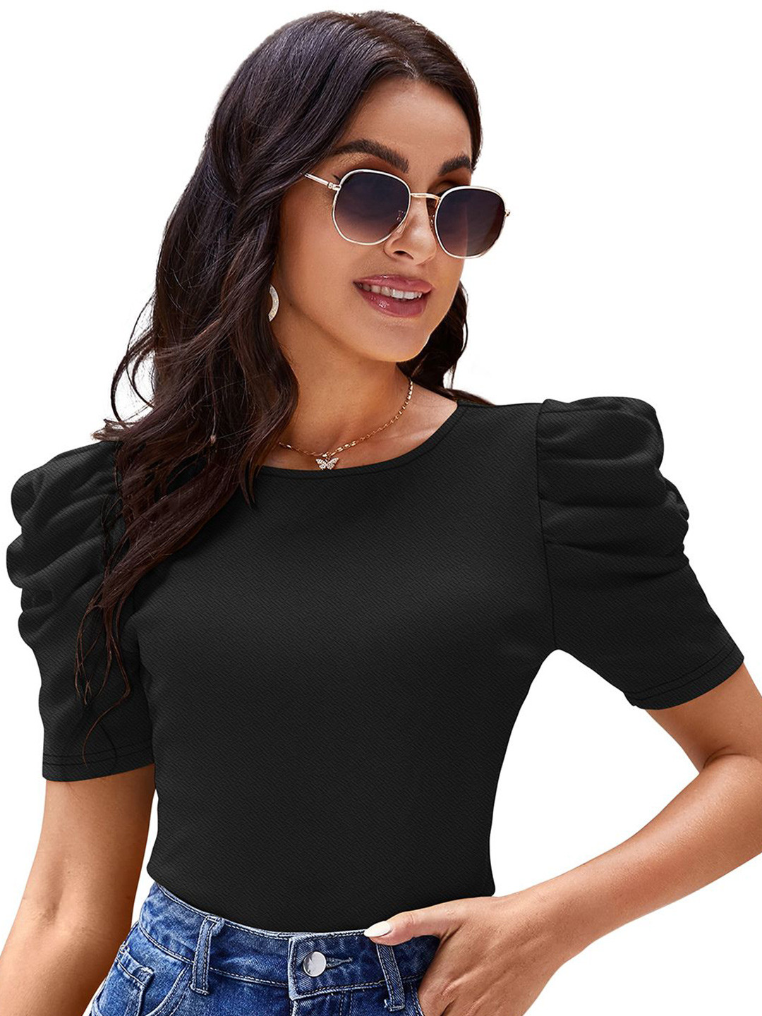 

FiveFlag Women Solid Round Neck Top, Black