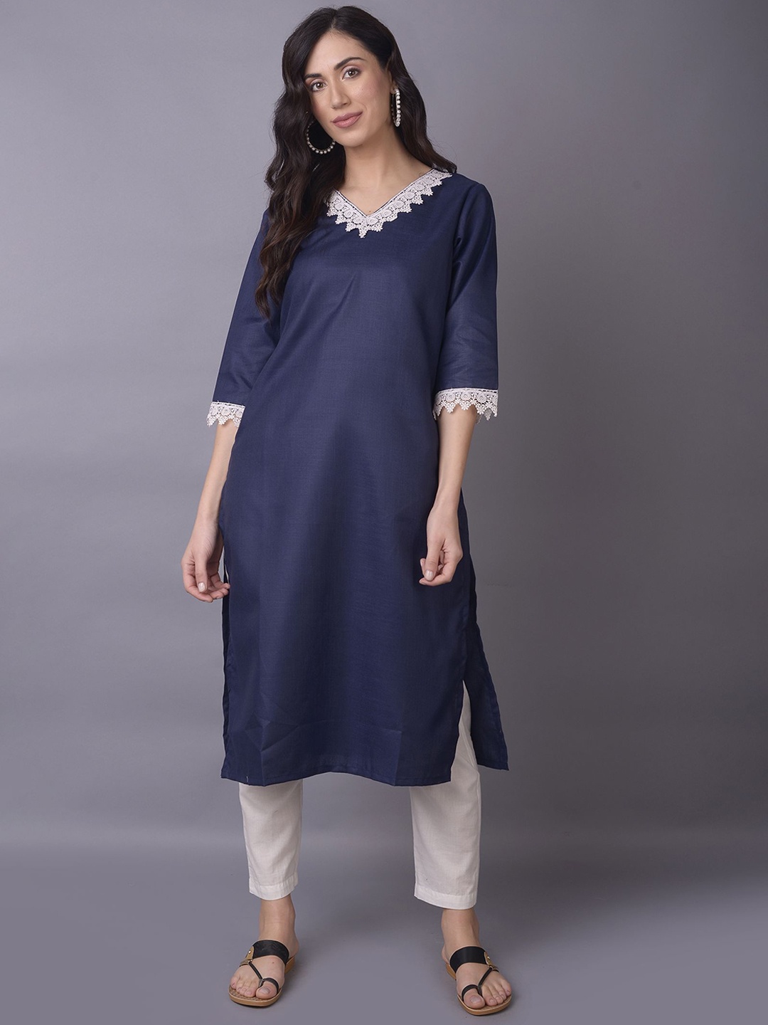 

Shree V Neck Thread Work Cotton Straight Kurta, Navy blue