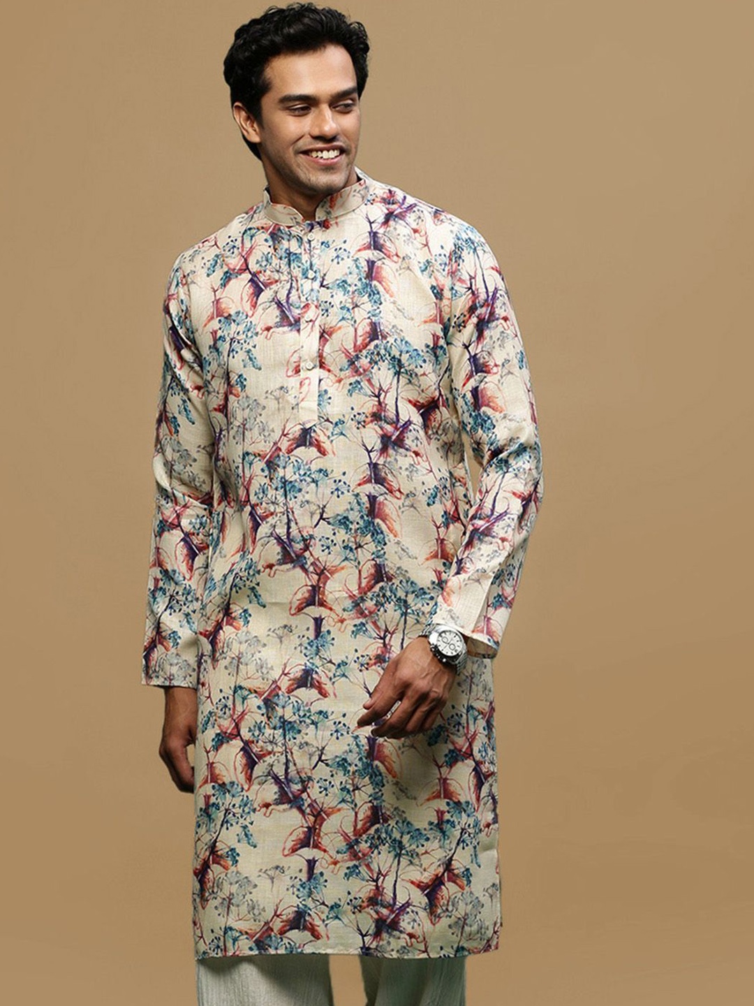 

Sanwara Floral Printed Mandarin Collar Linen Straight Kurta, White