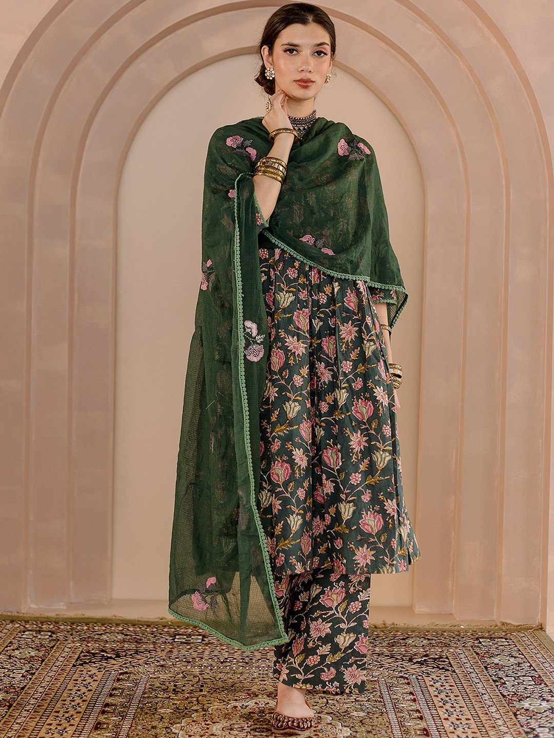 

GulaboJaipur Floral Printed V-Neck Pure Cotton Anarkali Kurta with Pyjama & Dupatta, Green