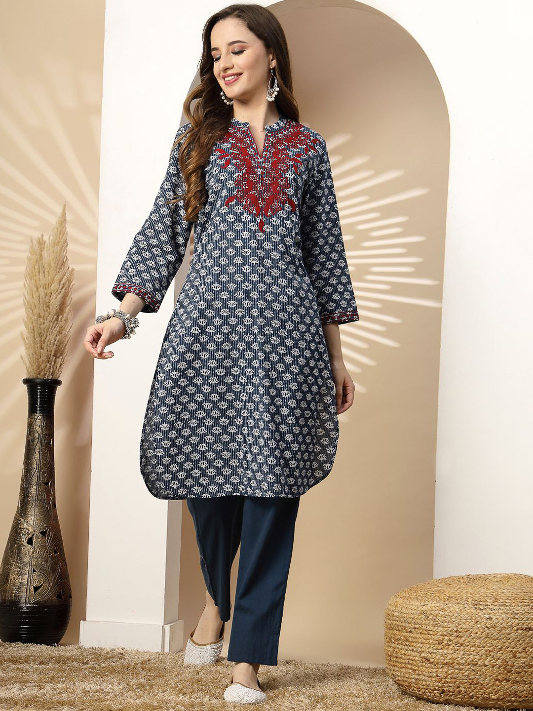 

Nayam By Lakshita Floral Embroidered Mandarin Collar Pure Cotton Pathani Kurta & Palazzos, Blue