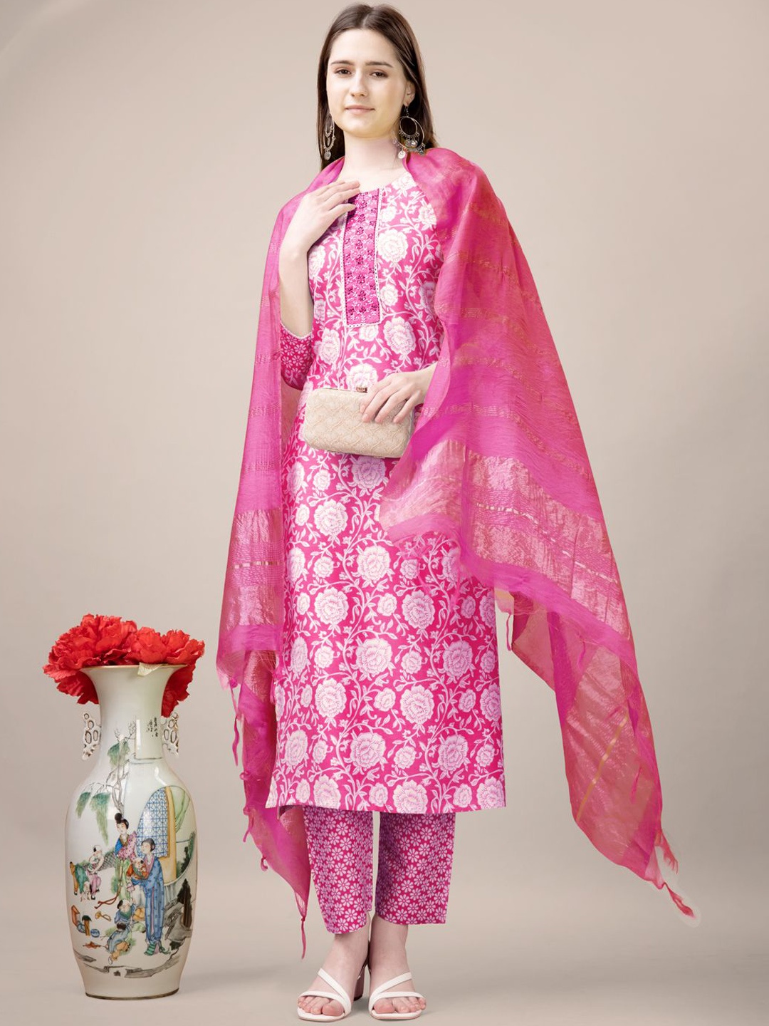 

Anouk Pink Floral Printed Thread Work Straight Kurta With Trousers & Dupatta