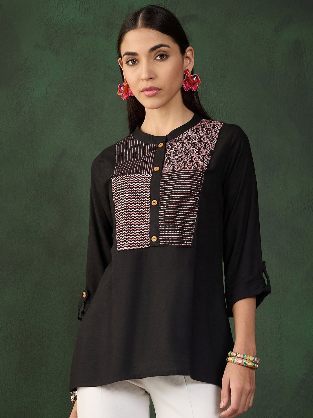 

Sangria Women Ethnic Motifs Embroidered Mandarin Collar Top, Black