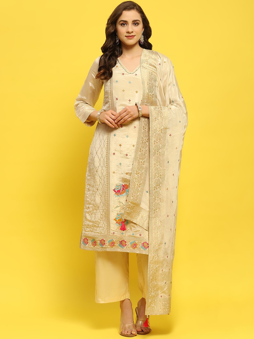 

Shree Floral Woven Design V-Neck Straight Kurta With Trousers & Dupatta, Beige